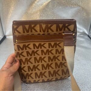 Michael Kors Tan and Brown MK Monogram Crossbody